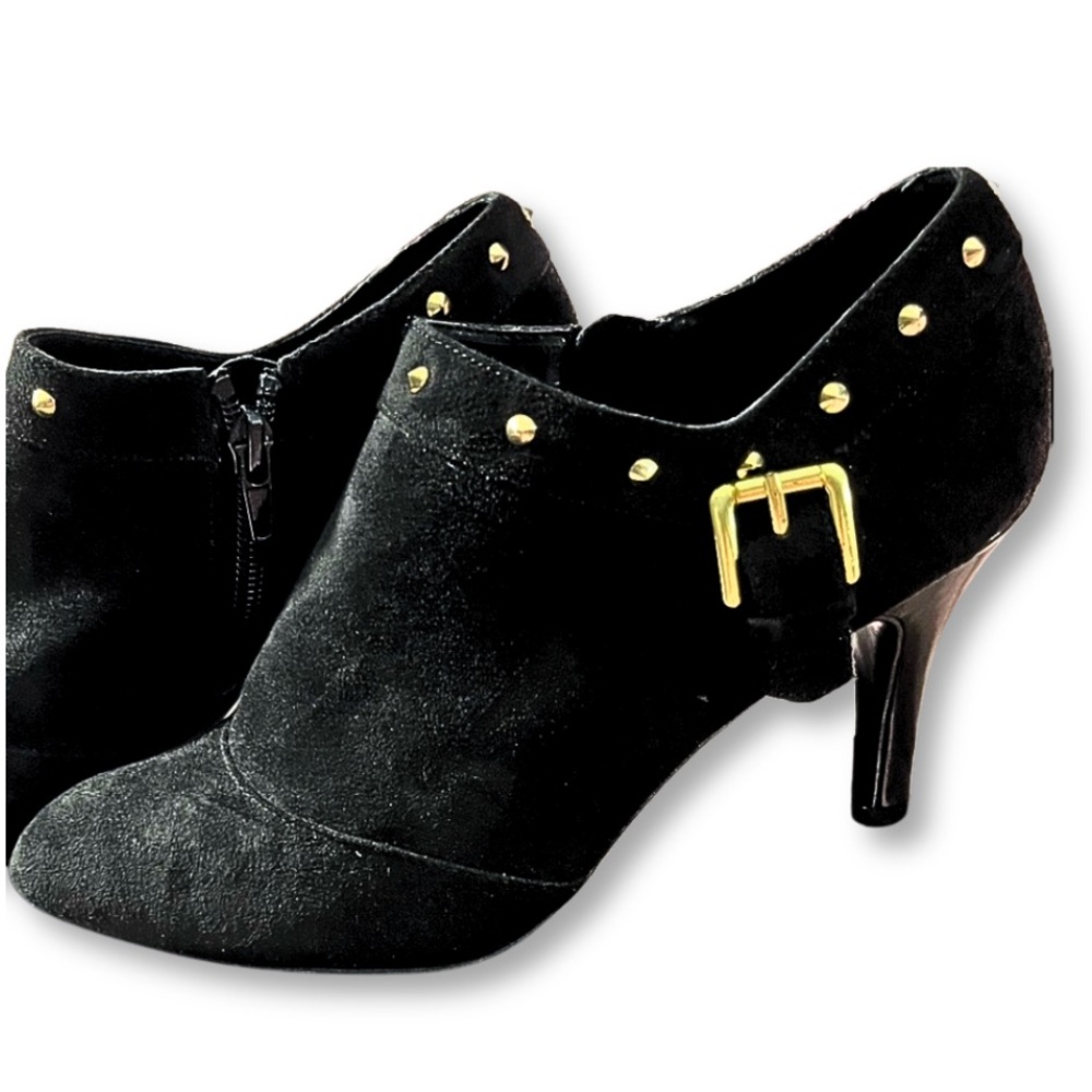METAPHOR BOOTIES Black Suede Heel Goldtone Goth Studded Detail NIB Womens SZ 7.5